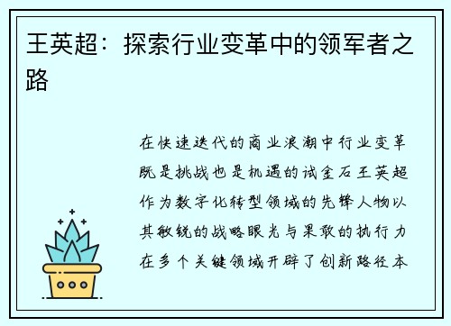 王英超：探索行业变革中的领军者之路