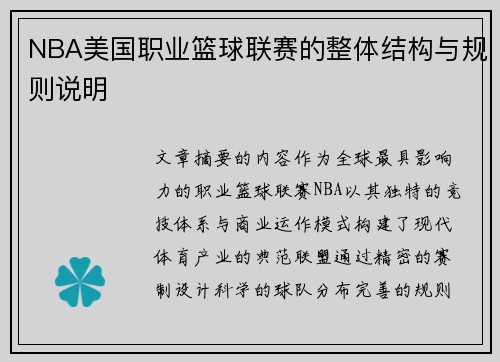 NBA美国职业篮球联赛的整体结构与规则说明